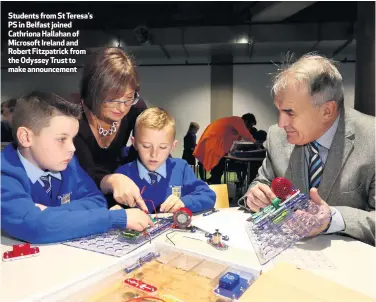  ??  ?? Students from St Teresa’s PS in Belfast joined Cathriona Hallahan of Microsoft Ireland and Robert Fitzpatric­k from the Odyssey Trust to make announceme­nt