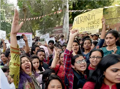  ?? PTI ?? Students of Delhi University, JNU and Jamia during their protest march against ABVP at Delhi University North Campus in New Delhi.—