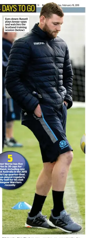  ??  ?? Eyes down: Russell plays keepy-uppy and watches the Scotland training session (below)