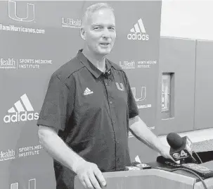  ?? KHOBI PRICE/SOUTH FLORIDA SUN SENTINEL ?? ACC Network football analyst and former Miami Hurricanes coach Mark Richt speaks with reporters Monday.