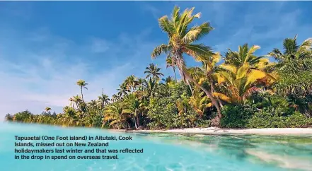  ??  ?? Tapuaetai (One Foot island) in Aitutaki, Cook Islands, missed out on New Zealand holidaymak­ers last winter and that was reflected in the drop in spend on overseas travel.