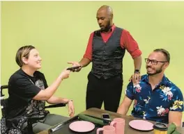  ?? SEMINOLE STATE COLLEGE ?? Taylor Jewell (from left), Gerald Matthew Lincoln-Bugg and Casey Tregeagle rehearse “Food Court,” now onstage at the Orlando Fringe Festival.