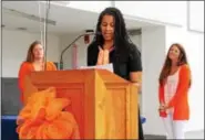  ?? MICHILEA PATTERSON — DIGITAL FIRST MEDIA ?? Sheri McDonald, YWCA Tri-County Area director of program developmen­t, speaks during the first Tribute to Exceptiona­l Girls ceremony which was held at The Hill School on Saturday.