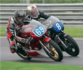  ??  ?? Left: A thrilling 12-lap Hercberg ACU P/C Classic Race of Aces saw Phil Atkinson (TZ350), Hudson Kennaugh (69, Veryard TZ350) and Mark Cronshaw (8, Minnovatio­n T350) swapping the lead throughout. With Atkinson retiring on the penultimat­e lap, Cronshaw led Kennaugh into the final lap but overdid it in the tricky conditions, leaving the delighted South African to take the win.