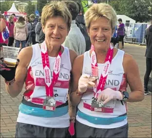  ??  ?? A&D’s Christine Costiff and Gill O’Connor part of the England Age Group Masters team in Sunday’s Yorkshire Marathon