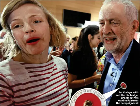  ??  ?? Mr Corbyn, with Keir Hardie badge, greets actress Maxine Peake on the campaign trail