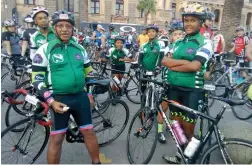  ?? PICTURES: ATHINA MAY ?? SET TO SADDLE UP: Pupils from Ocean View Secondary School at the Cape Town Cycle Tour starting point.