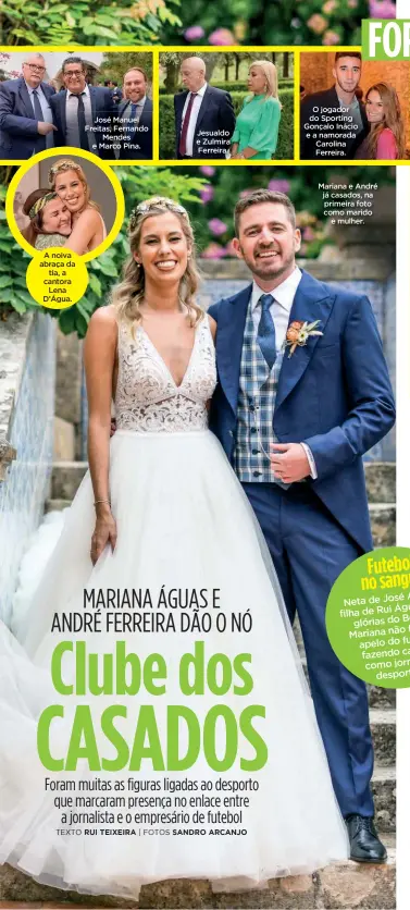  ?? ?? A noiva abraça da tia, a cantora Lena D’Água.
José Manuel Freitas, Fernando Mendes e Marco Pina.
O jogador do Sporting Gonçalo Inácio e a namorada Carolina Ferreira.
Mariana e André já casados, na primeira foto como marido e mulher. Jesualdo e Zulmira Ferreira.