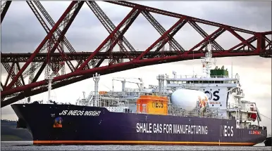  ??  ?? SHIP COMES SHALING IN: The shale gas ship arrives in the Firth of Forth on its way to Grangemout­h