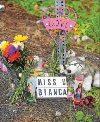  ?? PETE BANNAN — DIGITAL FIRST MEDIA ?? Flowers and mementos mark the spot on Route 100 where Bianca Roberson was murdered in a road rage shooting last week. There has been an outpouring of generosity toward the Roberson family in wake of this horrific crime.