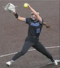  ?? (NWA Democrat-Gazette/Flip Putthoff) ?? Rogers pitcher Ava Johnson allowed 4 hits and struck out 8 to lead the Lady Mounties to a 4-0 victory over Bentonvill­e West on Tuesday at the Lady Mounties Softball Complex in Rogers.