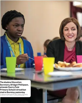  ?? CHRISTOPHE­R FURLONG/GETTY ?? The shadow Education Secretary, Bridget Phillipson, attends Cherry Fold
Primary School’s breakfast club in Burnley yesterday