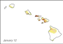  ?? U.S. Drought Monitor images ?? January 12
U.S. Drought Monitor images show Maui County’s drought levels the week of Jan. 12 versus the week of March 16. Recent heavy rainfall helped alleviate devastatin­g drought conditions, at least for now.