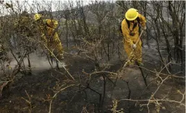  ??  ?? Firefighte­rs help to put out hot spots at the 461-acre wildfire Monday. At least six airplanes responded to the fire.