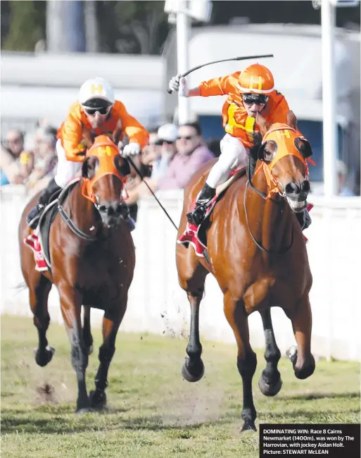  ??  ?? DOMINATING WIN: Race 8 Cairns Newmarket (1400m), was won by The Harrovian, with jockey Aidan Holt. Picture: STEWART McLEAN