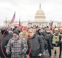  ?? FBI ?? Proud Boys organizer Joseph Randall Biggs, 37, circled in red at left, was spotted among a crowd of pro-Trump extremists who later stormed the U.S. Capitol on Jan. 6, FBI agents said.