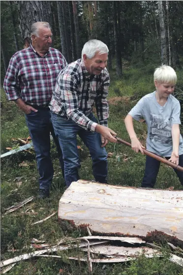  ??  ?? GENERASJON­SMØTE: Snart 83 år gamle Gunleif Lindland (f.v.) og Per Reidar Haugenes (65) viser Løvdal Nilsen etter å ha prøvd seg på den gamle teknikken.