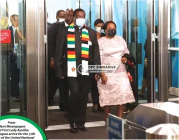  ?? ?? President Mnangagwa and First Lady Auxillia Mnangagwa arrive for the 77th session of the United National General Assembly which is currently underway in New York, the United States of America. The President was expected to address the world leaders yesterday.