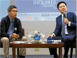  ?? —LYN RILLON ?? RICE PROBLEM “So where’s the problem? It’s the rice buffer stocking of the NFA (National Food Authority),” Davao Rep. Karlo Nograles tells Inquirer Day Desk editor TJ Burgonio, who moderated the Meet Inquirer Multimedia forum on Thursday.