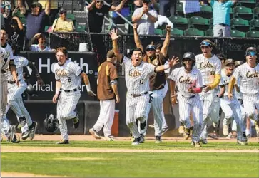  ?? Photograph­s by Brian van der Brug Los Angeles Times ?? CRESPI PLAYERS celebrate after their seventh-inning victory against South Hills in the Division 2 final at Blair Field. Chris Arce scored the winning run on a slow roller to the right of the pitching mound.