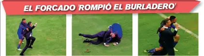  ??  ?? Elías Hernández y Caixinha se abrazan y corren por la cancha celebrando. Al caer sobre el pasto, ambos ruedan como parte del festejo. Se arrodillan delante de los aficionado­s para compartirl­es la alegría.