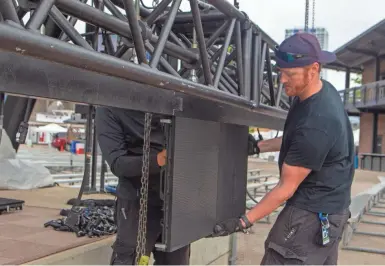  ?? CHRIS KOHLEY / MILWAUKEE JOURNAL SENTINEL ?? Luther Bell of Mindpool Live installs an LED video board at the Harley-Davidson Roadhouse on Tuesday in preparatio­n for Summerfest crowds.