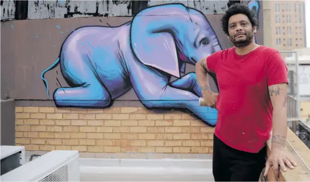  ?? Picture: Tracy Lee Stark ?? POST ‘STRUGGLE’. Graffiti street artist Falko poses in front of one of his trademark elephants, painted on a rooftop in Braamfonte­in, Johannesbu­rg. He has painted a herd gallery and a collection of site-specific works on the rooftop of a hotel.