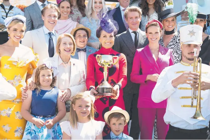  ?? Picture: AAP IMAGE ?? VRC chairman Amanda Elliott (with trophy) and champion trainer Gai Waterhouse at the launch event of the Melbourne Cup carnival at Flemington yesterday.