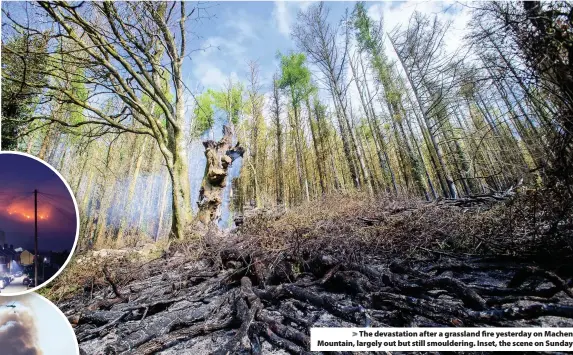  ?? Mark Lewis ?? > The devastatio­n after a grassland fire yesterday on Machen Mountain, largely out but still smoulderin­g. Inset, the scene on Sunday