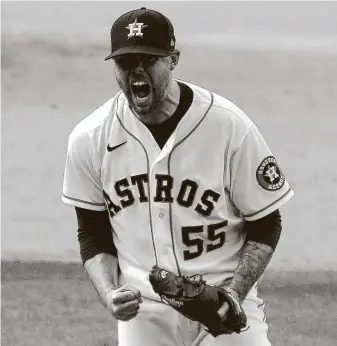  ?? KarenWarre­n / Staff photograph­er ?? Ryan Pressly followed the Astros’ young bullpen to close the game Thursday. “They’ve taken a few things I’ve told them,” he said, “but they have to do their own thing.”