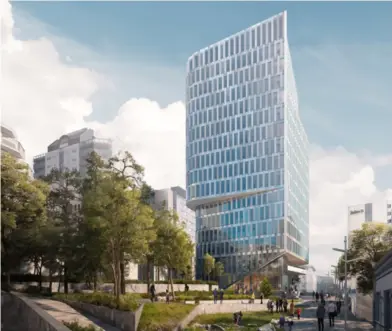  ?? ILLUSTRASJ­ON: SCHMIDT HAMMER LASSEN ARCHITECTS ?? Høyhuset skal til slutt bli 16 etasjer og ruve over alle andre bygg i Stavanger sentrum. De første leietakern­e skal flytte inn i de nederste etasjene i oktober i år.