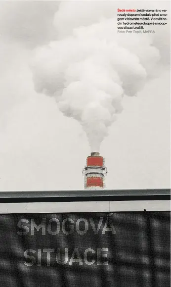  ?? Foto: Petr Topič, MAFRA ?? Šedé město Ještě včera ráno varovaly dopravní cedule před smogem v hlavním městě. V devět hodin hydrometeo­rologové smogovou situaci zrušili.