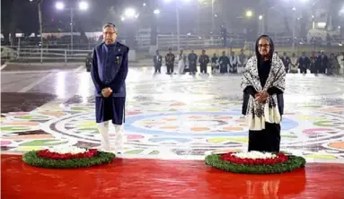  ?? ?? President Mohammed Shahabuddi­n and Prime Minister Sheikh Hasina pay tributes to the martyrs of the historic Language Movement at the Central Shaheed Minar in Dhaka on 21 February 2024 marking the Internatio­nal Mother Language Day. Photo: Courtesy