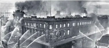  ??  ?? November 18, 1947: Christchur­ch firefighte­rs direct their jets at the Colombo St and Cashel St frontages of the sprawling Ballantyne­s complex.