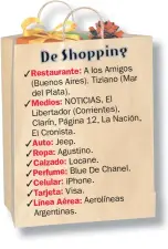  ??  ?? Restaurant­e: A los Amigos (Mar (Buenos Aires). Tiziano del Plata). Medios: NOTICIAS, El Libertador (Corrientes), Clarín, Página 12, La Nación, El Cronista. Auto: Jeep. Ropa: Agustino. Calzado: Locane. Perfume: Blue De Chanel. Celular: iPhone. Tarjeta:...