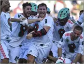  ?? LARRY FRENCH
– THE ASSOCIATED PRESS ?? Whipsnakes’ Matt Rambo (9) celebrates after scoring the game-winning goal against the Redwoods during the Premier Lacross League championsh­ip game last year at then Talen Energy Stadium in Chester.