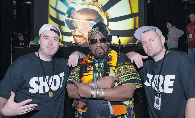  ??  ?? Cut Chemist, left, and DJ Shadow, right, are paying homage to rap icon Afrika Bambaataa, centre, by showcasing his classic work on their new tour.