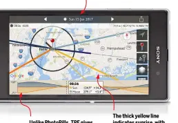  ??  ?? Tap here to switch between day mode and night mode and scroll through dates Unlike PhotoPills, TPE gives you a screen-filling view when you rotate your phone The thick yellow line indicates sunrise, with the thick orange line showing sunset