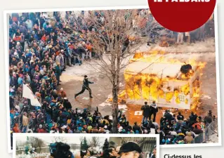  ??  ?? Ci-dessus, les travailleu­rs avaient mis le feu à une constructi­on installée devant l’assemblée nationale. Ci-contre, Gérald Larose, président de la CSN à cette époque, avait livré un discours enflammé. PHOTOS D’ARCHIVES, LE JOURNAL