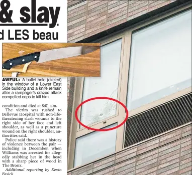  ??  ?? AWFUL: A bullet hole (circled) in the window of a Lower East Side building and a knife remain after a rampager’s crazed attack compelled cops to kill him.