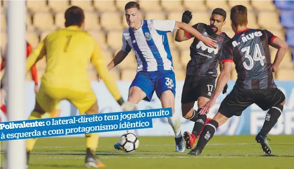  ??  ?? Último jogo pela equipa B, contra o Leixões, mostrou mais uma vez toda a qualidade de Dalot, que iniciou um golo e ofereceu o outro