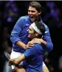  ?? (Reuters) ?? ROGER FEDERER (bottom) and Rafael Nadal of Team Europe celebrate after Federer beat Team World’s Nick Kyrgios yesterday to clinch the inaugural Laver Cup title in Prague.