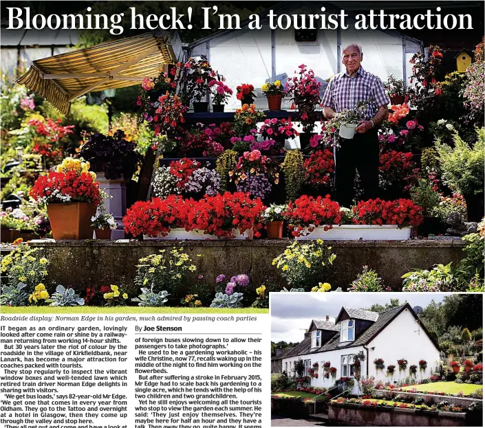  ??  ?? Roadside display: Norman Edge in his garden, much admired by passing coach parties Riot of colour: The cottage garden has been a 30-year labour of love