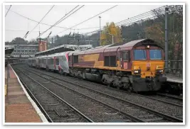  ?? KEITH PARTLOW. ?? DB Cargo 66002 hauls 755405 through Ipswich on November 15, as the 0343 Ripple Lane-Norwich Crown Point. The ‘755’ arrived at Dollands Moor and was moved to Ripple Lane via HS1 before being taken to Norfolk.