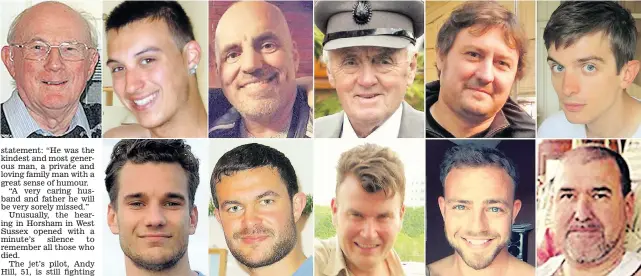  ??  ?? The 11 Shoreham victims: Top from left, Graham Mallinson, 72, Daniele Polito, 23, Mark Trussler, 54, Maurice Abrahams, 76, Dylan Archer, 42, and Richard Smith, 26. Below from left, Jacob Schilt, 23, Matthew Grimstone, 24, Tony Brightwell, 53, Matt...