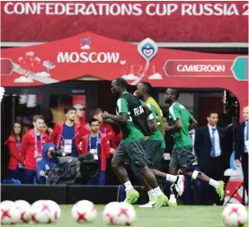  ??  ?? MOSCOW: Cameroon’s players attend a training session during the Russia 2017 Confederat­ions Cup football tournament at the Otkrytie Arena stadium in Moscow yesterday. —AFP