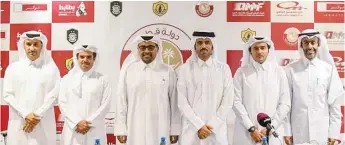  ??  ?? Qatar Motor and Motorcycle Federation president Abdulrahma­n al-Mannai, Qatar Sports for all Federation president Abdulrahma­n Musellam al-Dosari, Vice Chairman of Losail Circuit Sports Club Khalid al-Rumaihi, Director of Mawater Center Salem al-Mohannadi and Batabit Center director Mohamed Ghanem al-Kubaisi pose after a press conference yesterday.