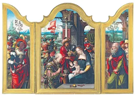  ??  ?? Pieter Coecke van Aelst (1502–1550), Lehrer und Schwiegerv­ater Pieter Brueghels d. Ä., schuf dieses einst im Schloss Hernstein beheimatet­e dreiteilig­e Altarbild mit der Anbetung der Heiligen Drei Könige.