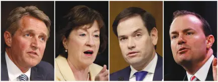  ?? (Reuters) ?? A COMBINATIO­N PHOTO shows, from left, US Republican senators Jeff Flake, Susan Collins, Marco Rubio and Mike Lee during hearings on Capitol Hill.