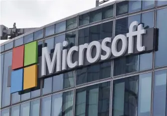  ?? AP FILE ?? IT’S A BIG DEAL: The Microsoft logo is seen in Issy-les-Moulineaux, France. The Pentagon has awarded Microsoft a $10 billion cloud computing contract on Friday.